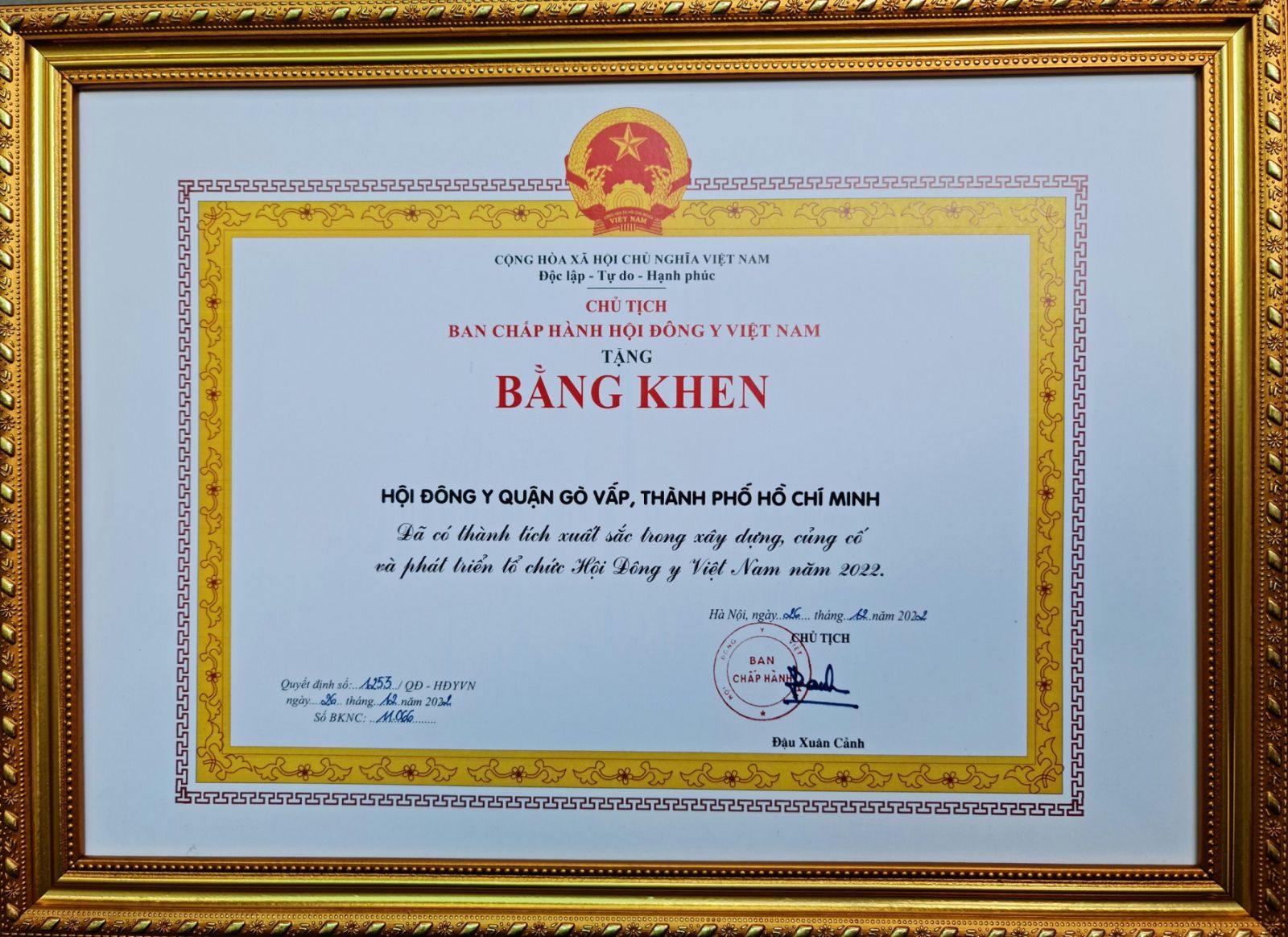 Bằng khen Hội đông y Quận Gò Vấp